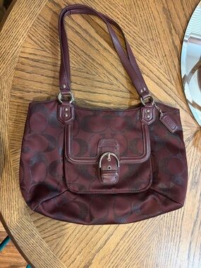Coach Burgundy Signature Canvas Shoulder Bag with Buckle Pocket